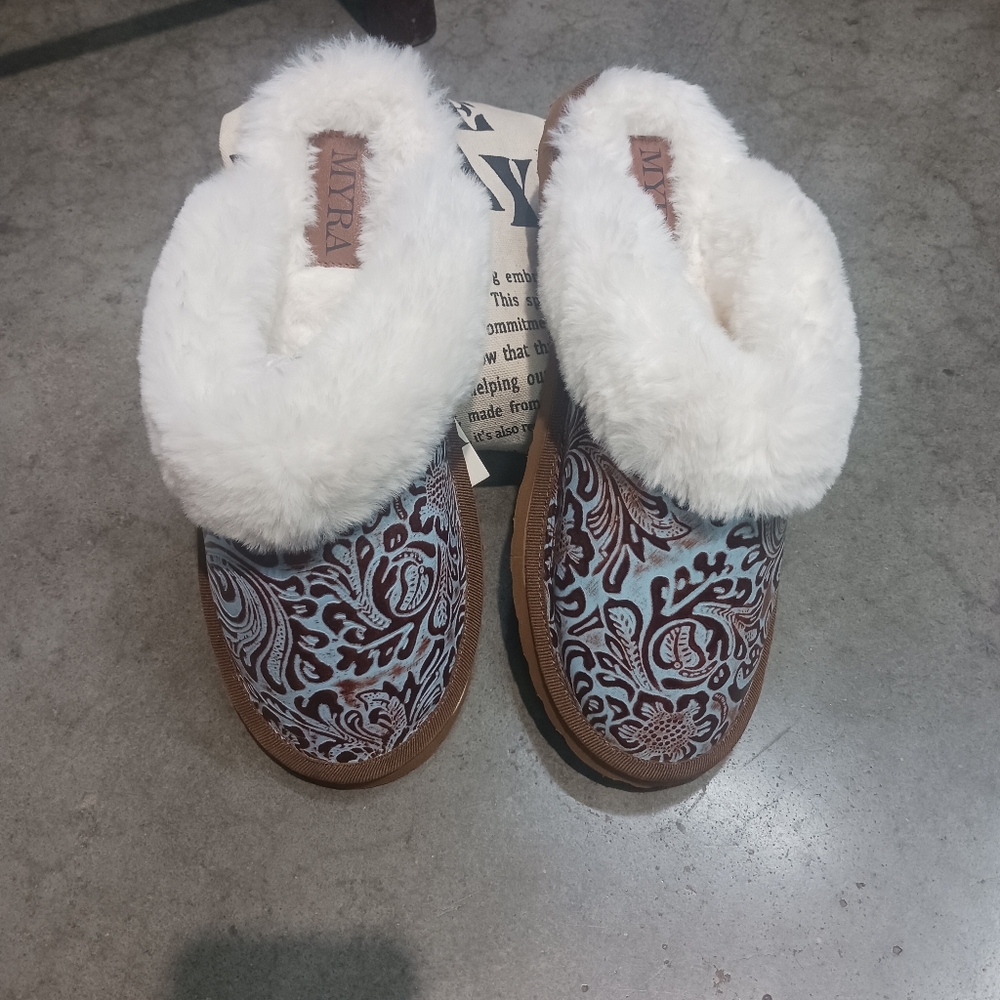 Myra Bag Women's Blue and Brown Patterned Slippers